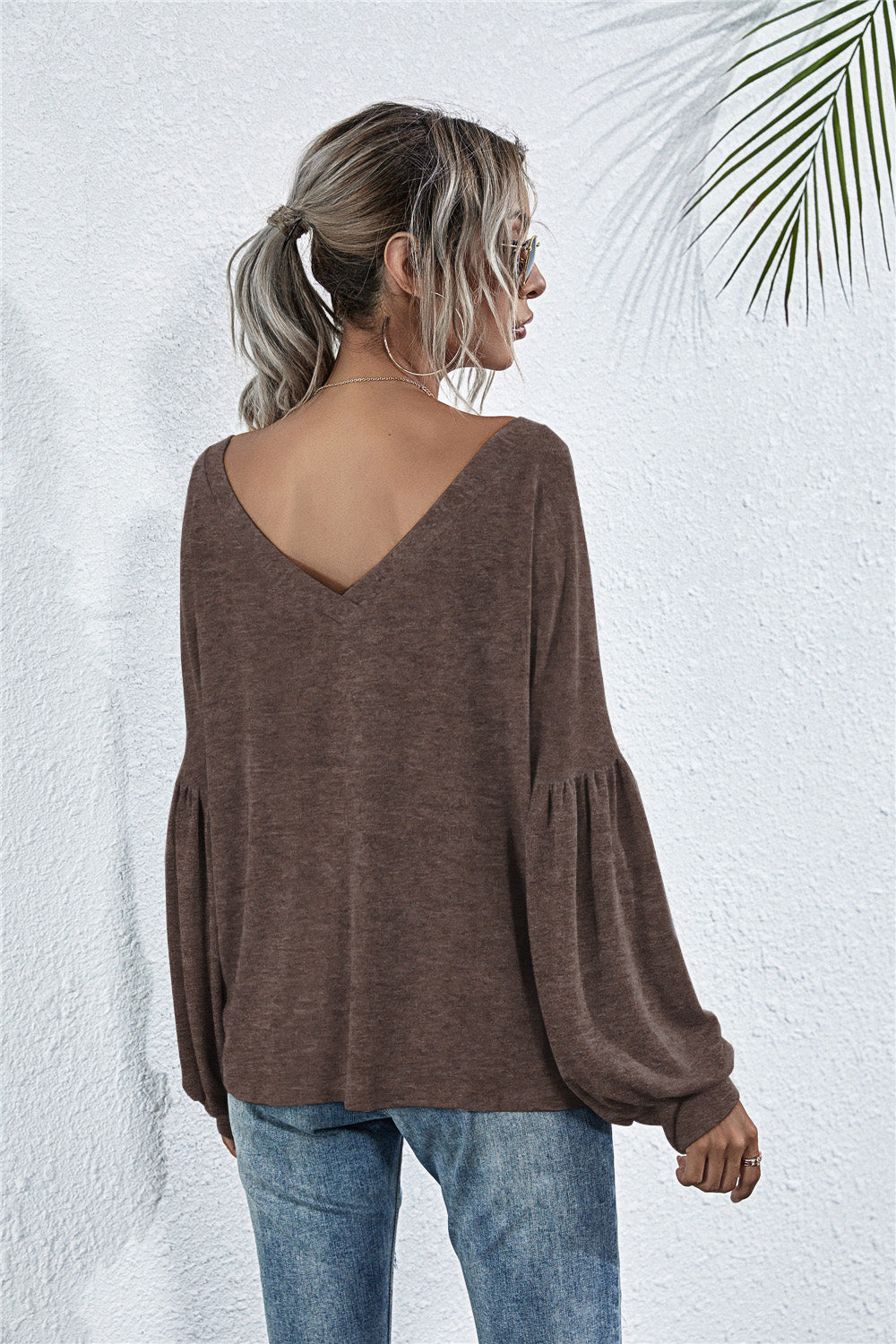 V-Neck Long Sleeve Dropped Shoulder Knit Top-Angel Casuals