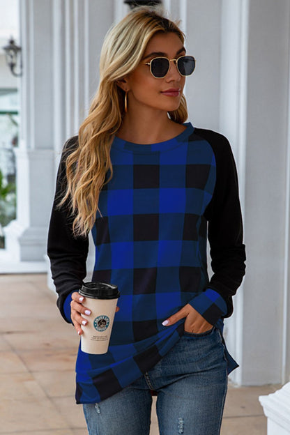 Plaid Round Neck Long Sleeve T-Shirt-Angel Casuals