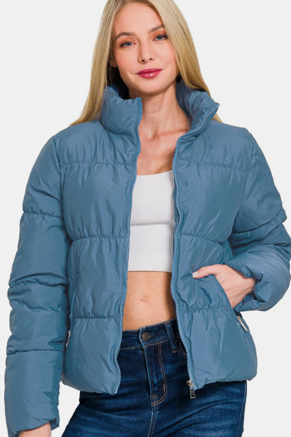 Zenana Zip Up Turtleneck Puffer Jacket with Pockets-Angel Casuals