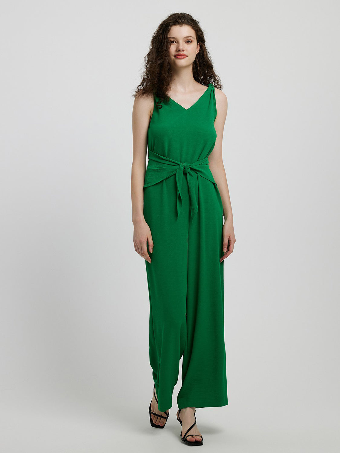 Knot Detail Tie Front Sleeveless Jumpsuit-Angel Casuals