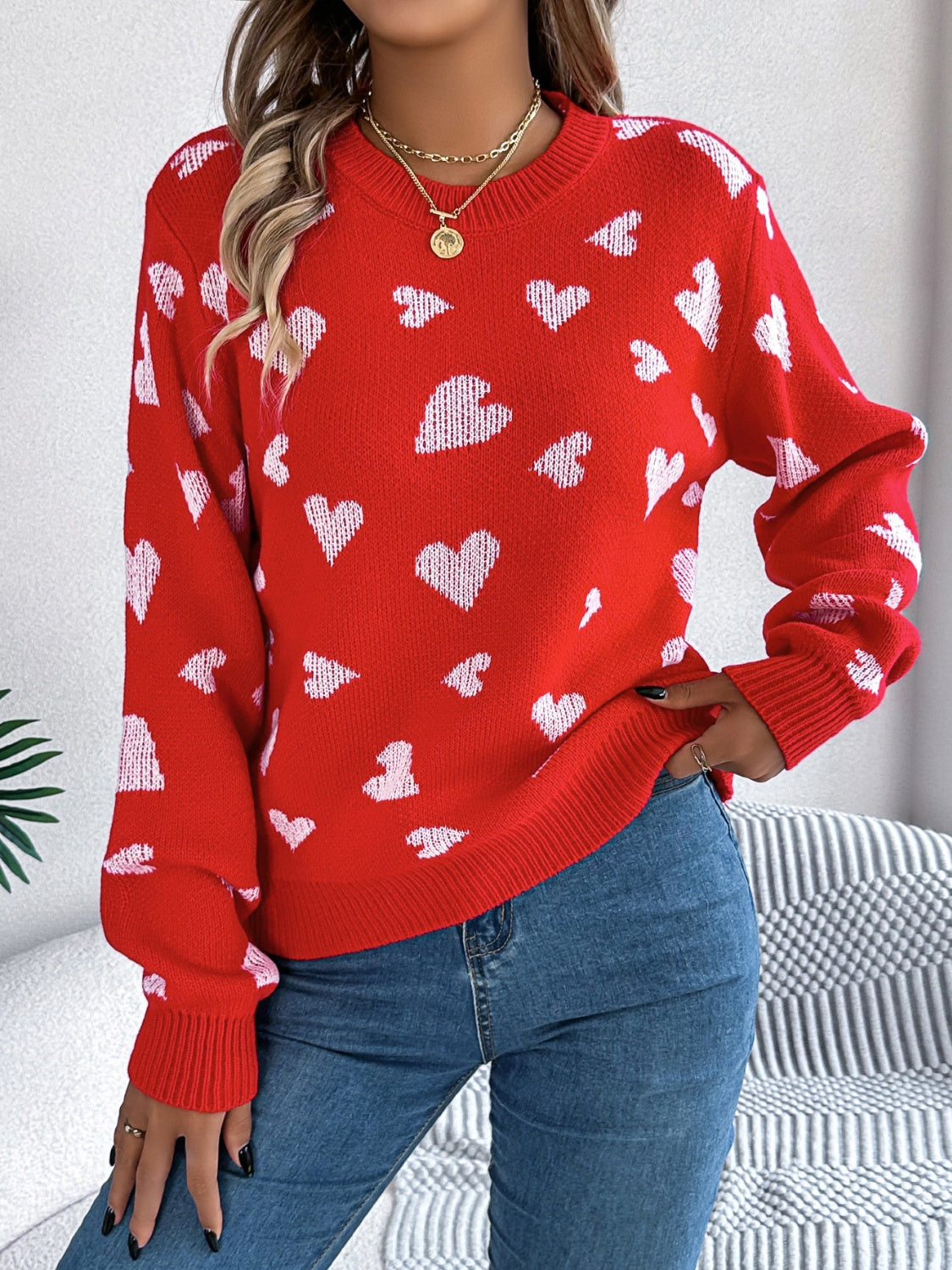 Heart Round Neck Long Sleeve Sweater-Angel Casuals