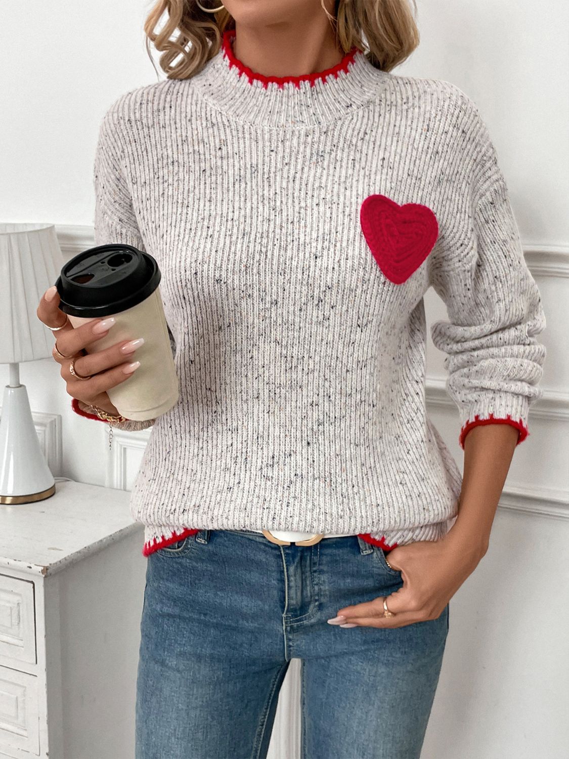 Perfee Contrast Heart Round Neck Long Sleeve Sweater-Angel Casuals