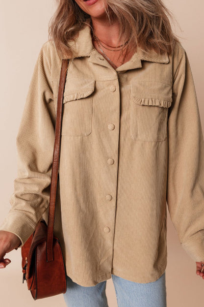 Frill Button Up Long Sleeve Shacket-Angel Casuals