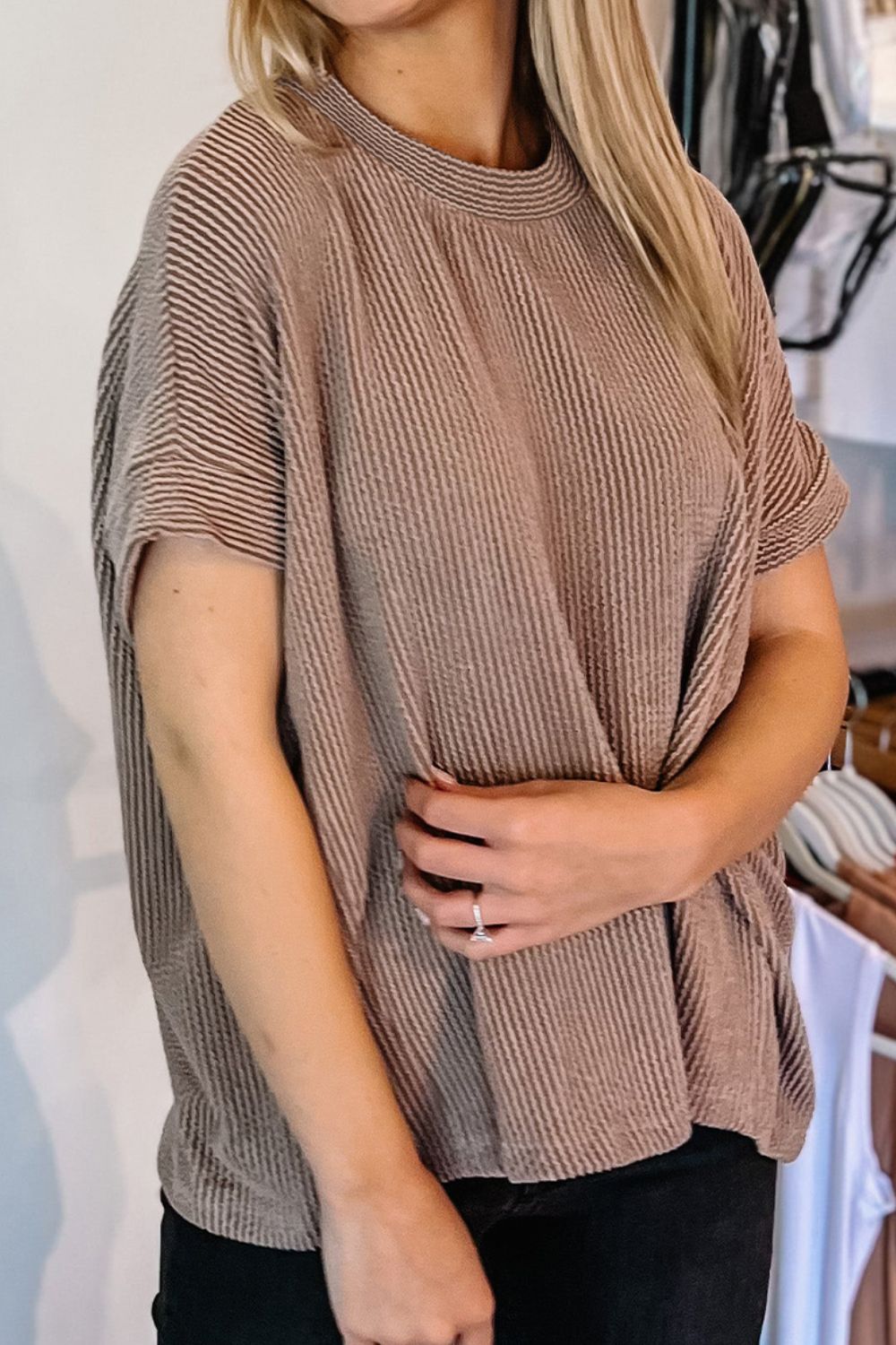 Textured Round Neck Short Sleeve T-Shirt-Angel Casuals