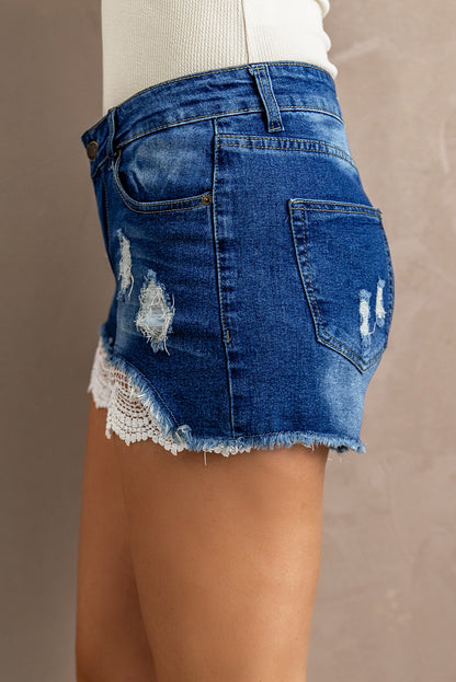 Spliced Lace Distressed Denim Shorts-Angel Casuals