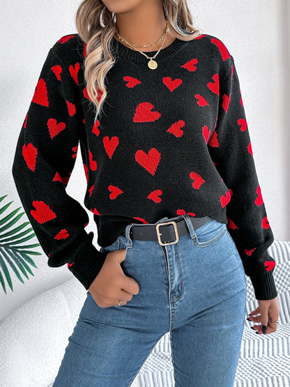 Heart Round Neck Long Sleeve Sweater-Angel Casuals