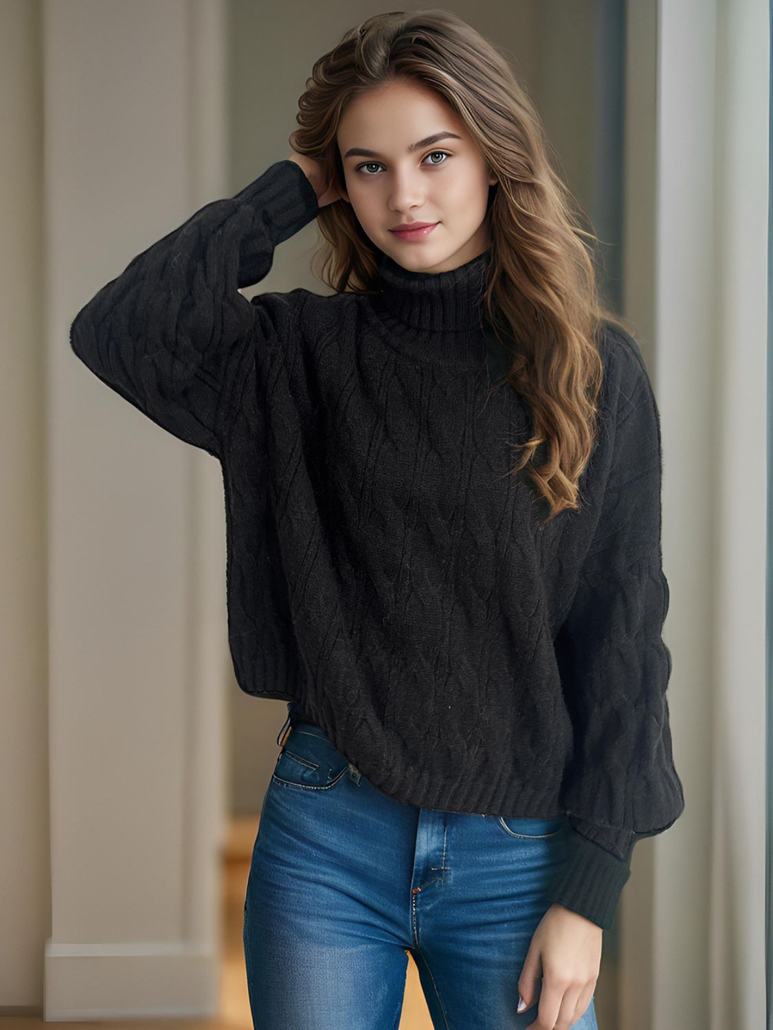 Cable-Knit Turtleneck Long Sleeve Sweater-Angel Casuals