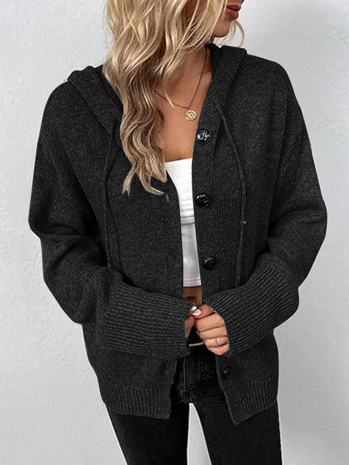 Button Up Drawstring Long Sleeve Hooded Cardigan-Angel Casuals