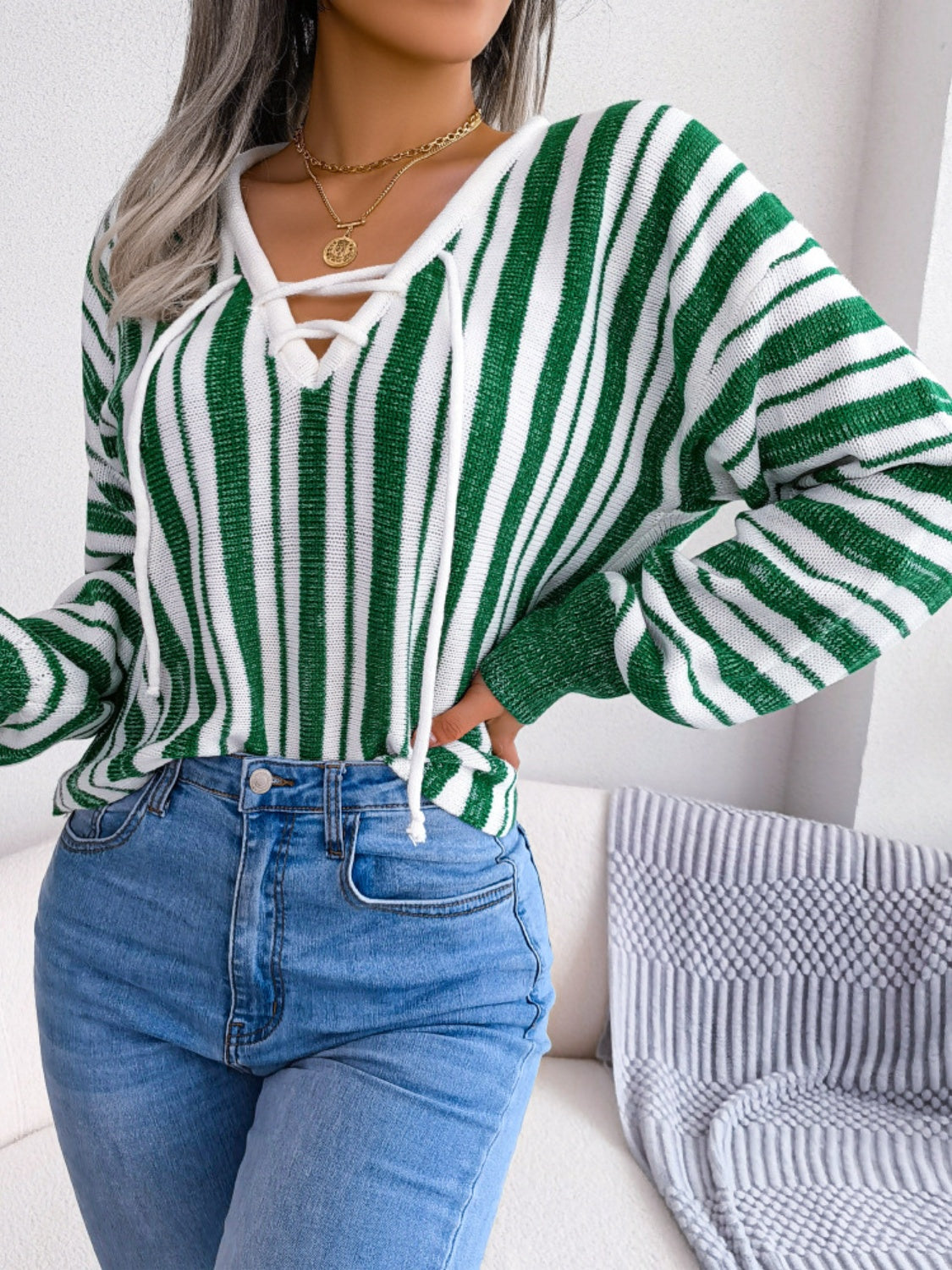 Striped Lace-Up Long Sleeve Sweater-Angel Casuals