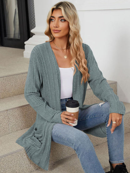 Pocketed Open Front Long Sleeve Cardigan-Angel Casuals