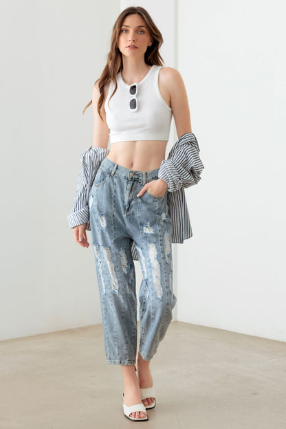 Litz La Washed Barrel Leg High Waist Distressed Jeans-Angel Casuals