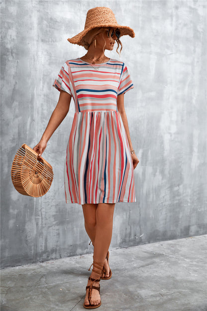 Striped Round Neck Dress-Angel Casuals