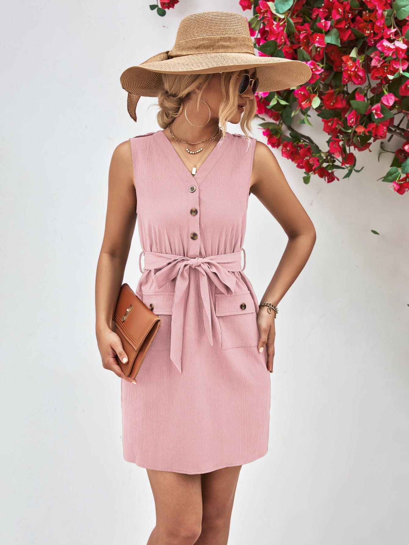 Buttoned V-Neck Belted Sleeveless Dress-Angel Casuals