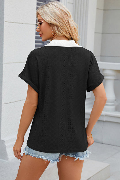 Eyelet Johnny Collar Short Sleeve T-Shirt-Angel Casuals