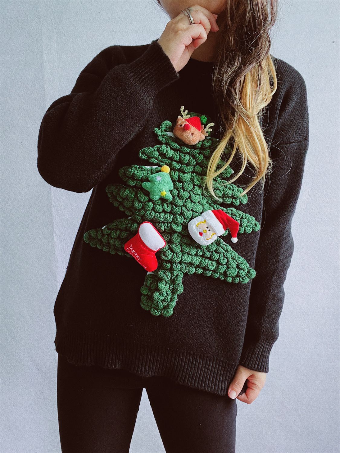 Christmas Tree Round Neck Long Sleeve Sweater-Angel Casuals