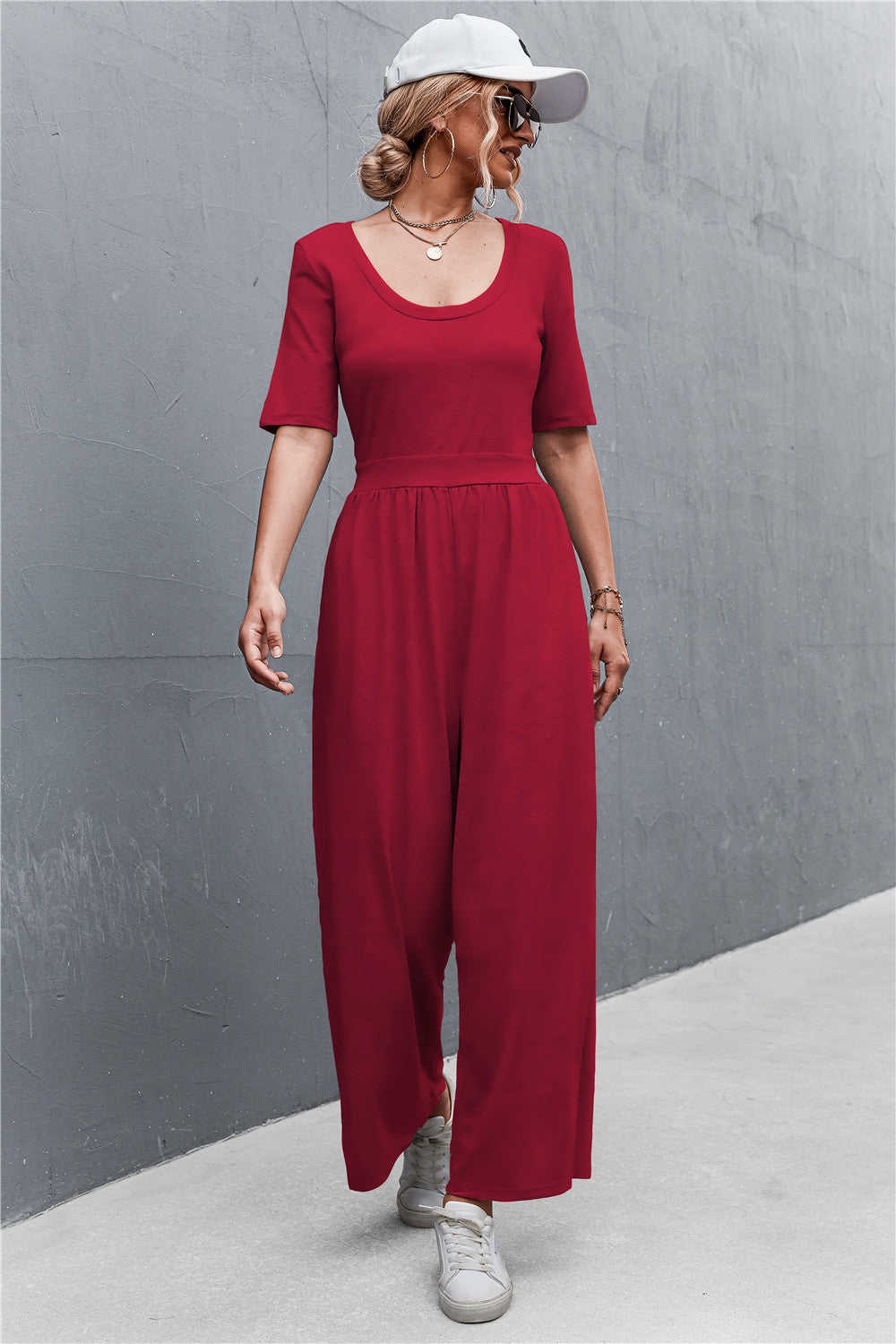 Scoop Neck Half Sleeve Wide Leg Jumpsuit-Angel Casuals