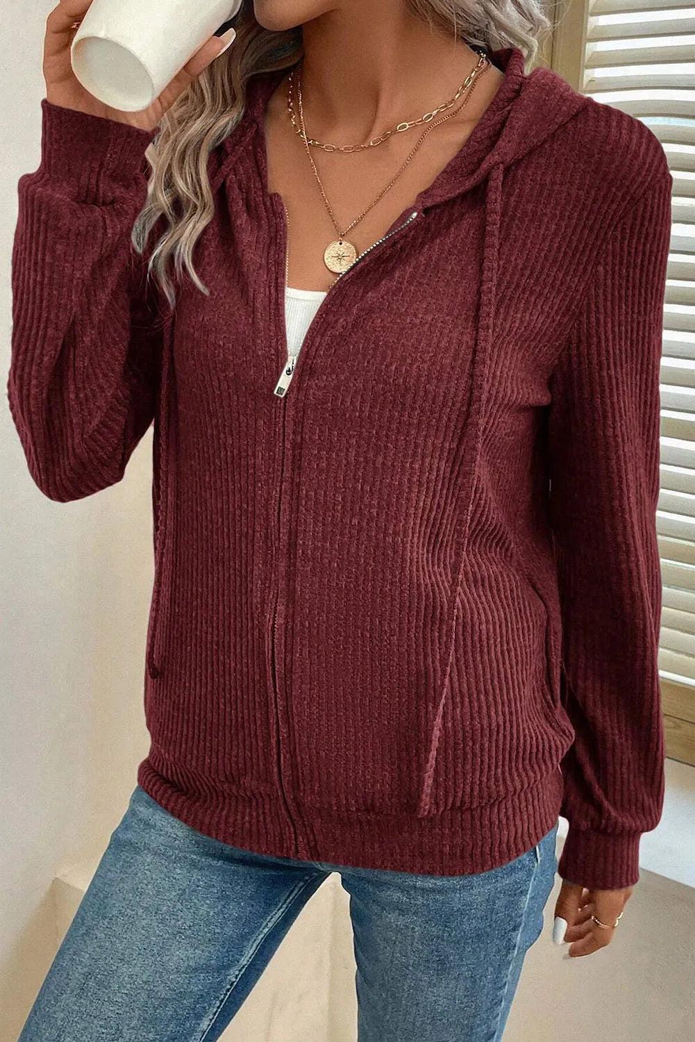 Drawstring Zip Up Long Sleeve Hooded Jacket-Angel Casuals