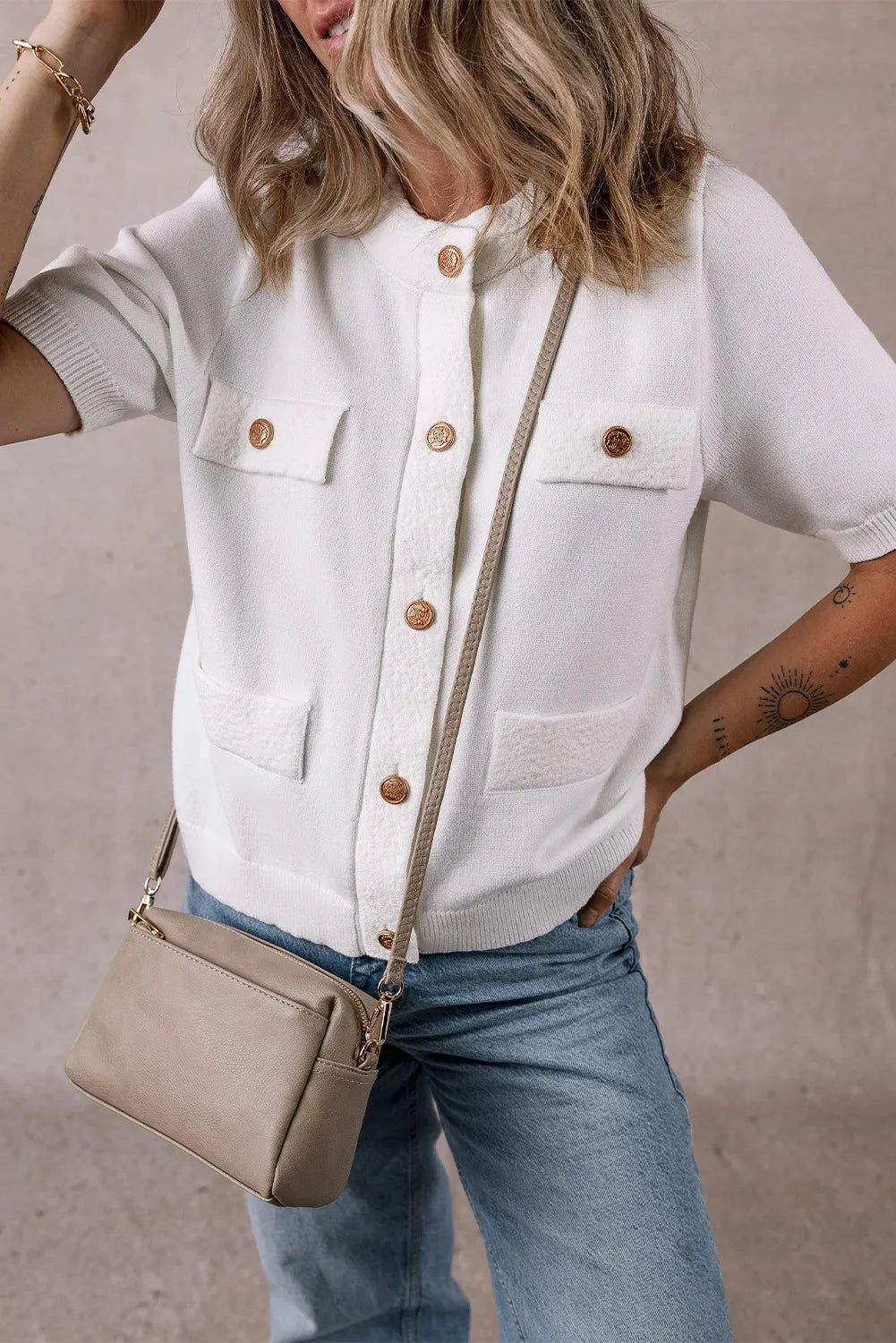 Button Up Round Neck Short Sleeve Knit Top-Angel Casuals