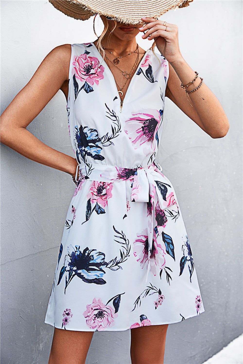 Printed Zip Detail Belted Sleeveless Dress-Angel Casuals