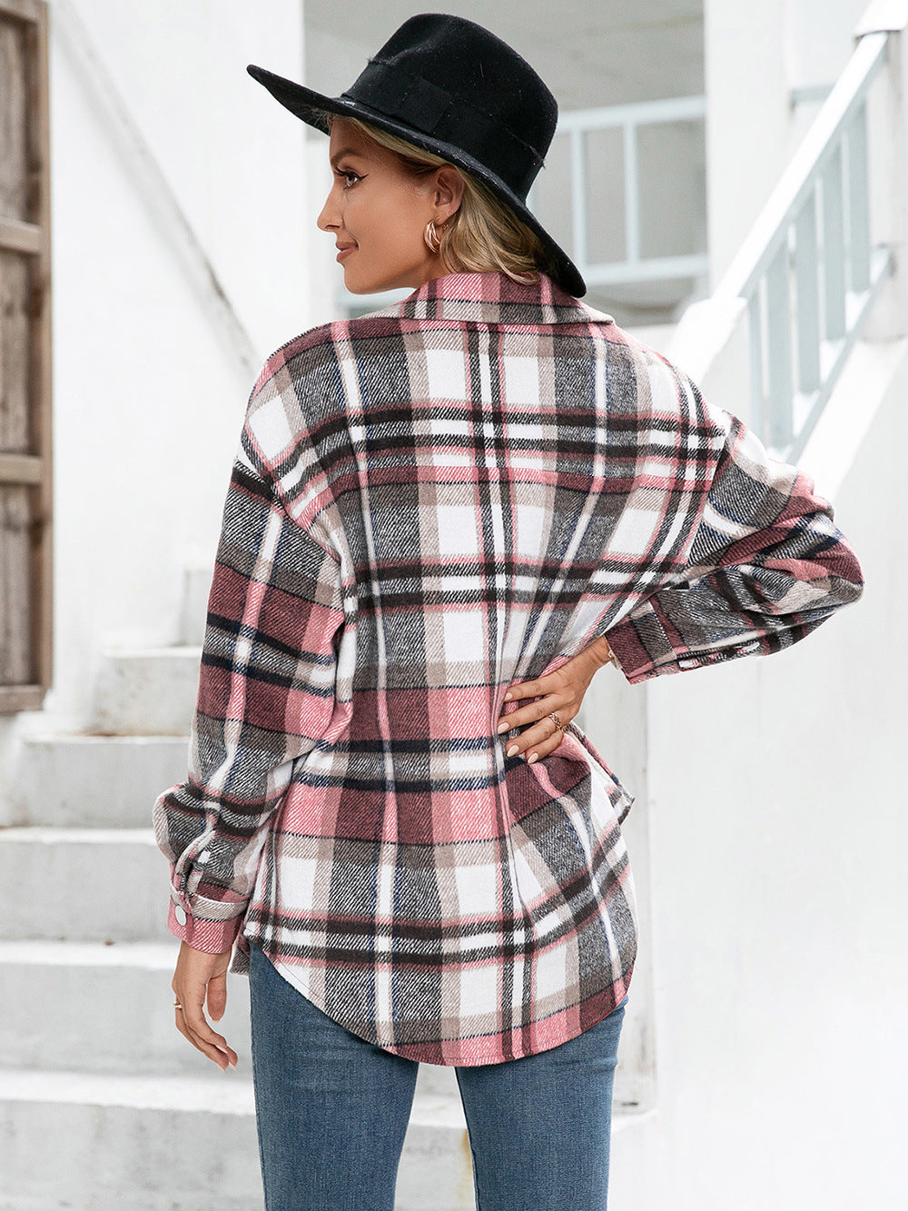 Meet You Outside Plaid Button Down Curved Hem Shacket-Angel Casuals