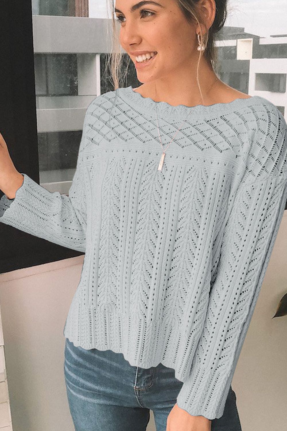 Openwork Round Neck Long Sleeve Knit Top-Angel Casuals