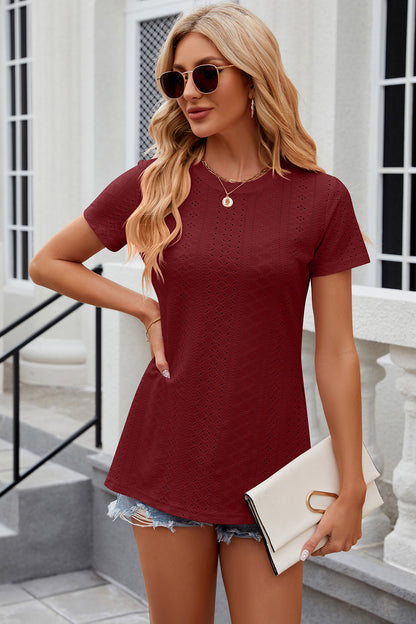 Eyelet Slit Round Neck Short Sleeve T-Shirt-Angel Casuals