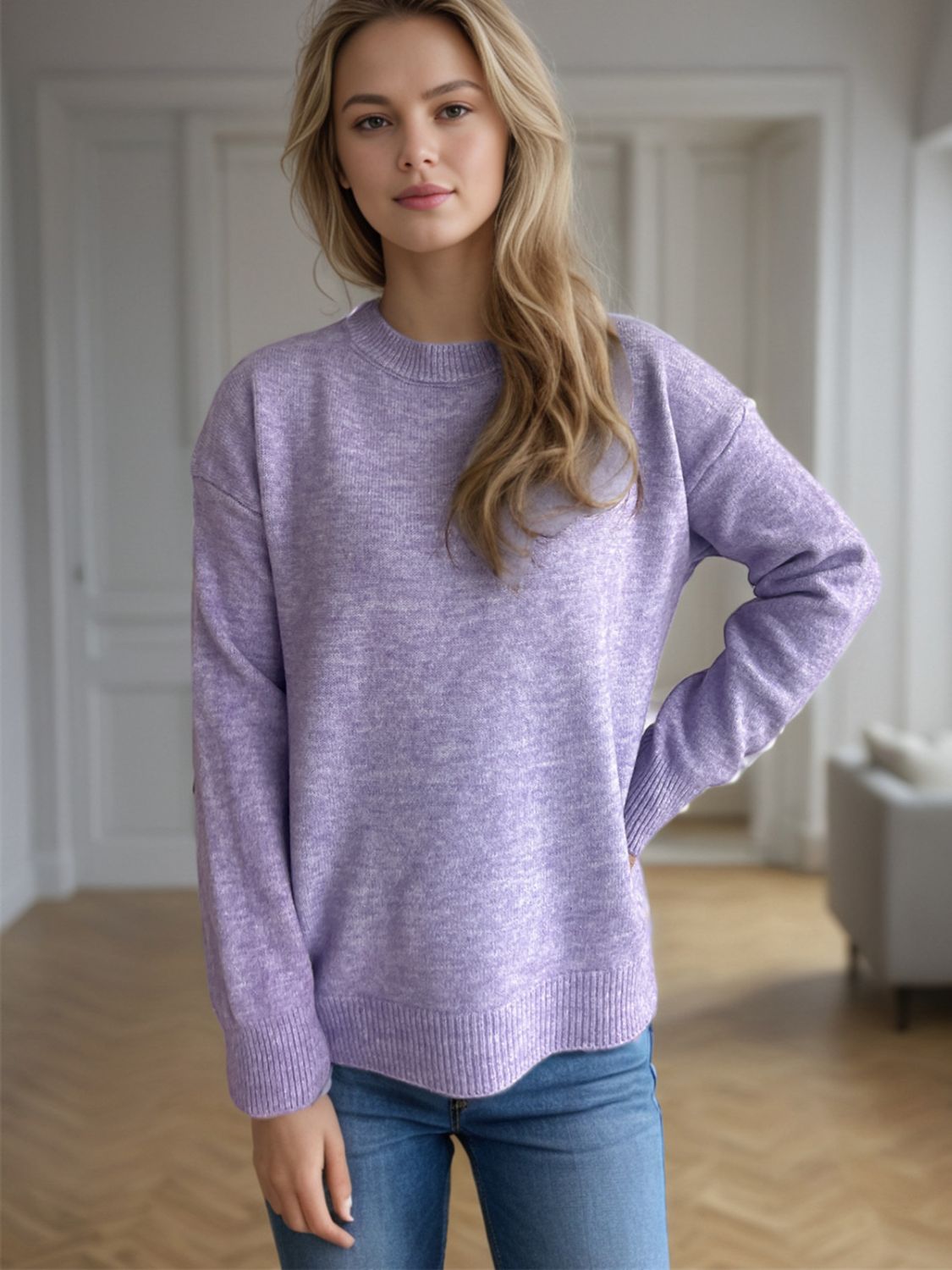 Round Neck Drop Shoulder Long Sleeve Sweater-Angel Casuals