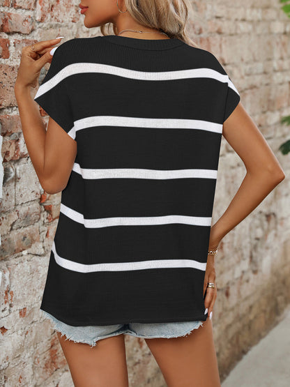 Mandy Striped Round Neck Short Sleeve Knit Top-Angel Casuals