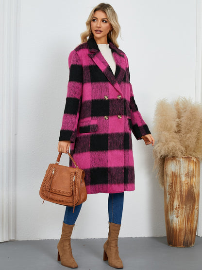 Plaid Double-Breasted Long Sleeve Coat-Angel Casuals