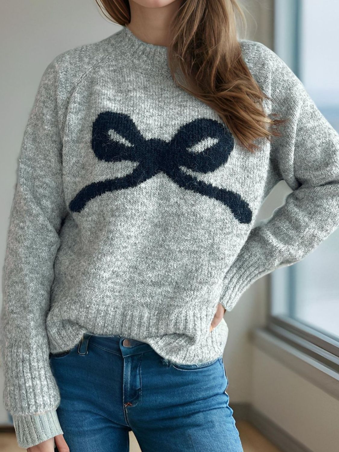 Bow Round Neck Long Sleeve Sweater-Angel Casuals