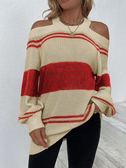 Color Block Striped Cold Shoulder Sweater-Angel Casuals