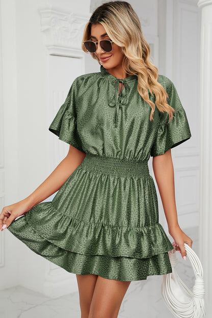 Smocked Tie Neck Flounce Sleeve Dress-Angel Casuals