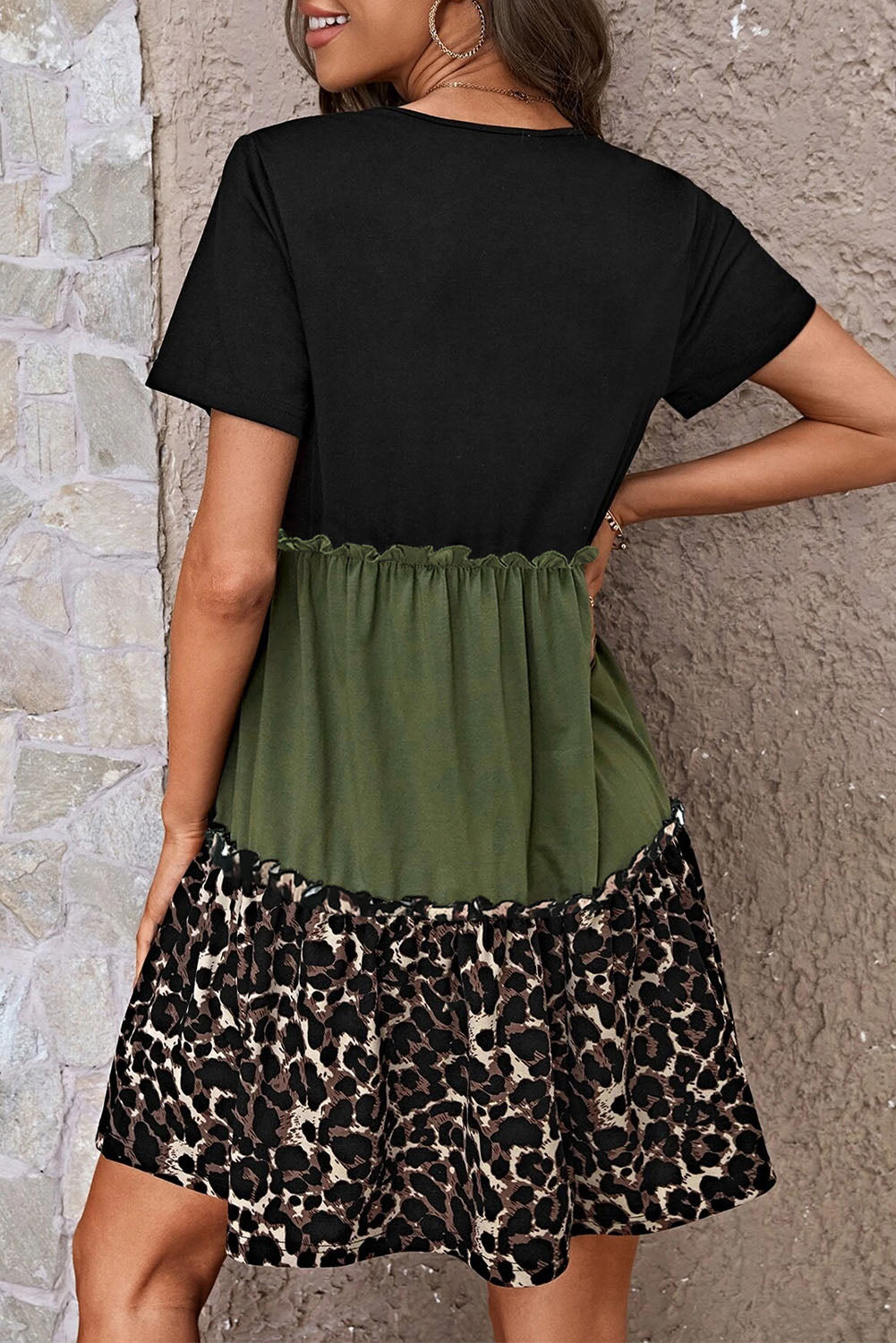 Leopard Round Neck Short Sleeve Dress-Angel Casuals