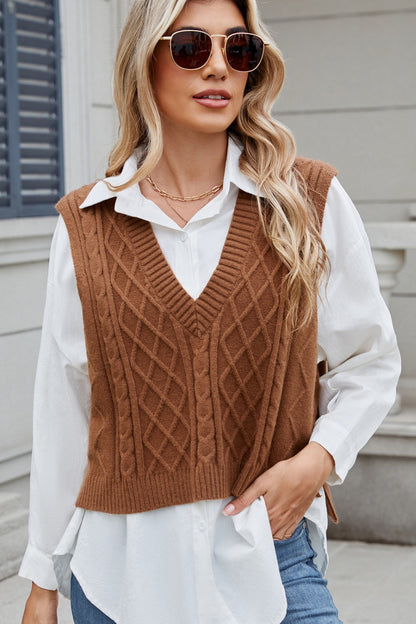 Cable-Knit V-Neck Sweater Vest-Angel Casuals