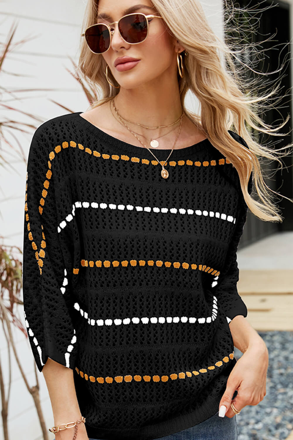 Striped Openwork Three-Quarter Sleeve Knit Top-Angel Casuals