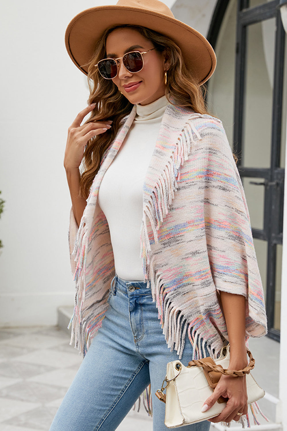 Fringe Detail Printed Poncho-Angel Casuals