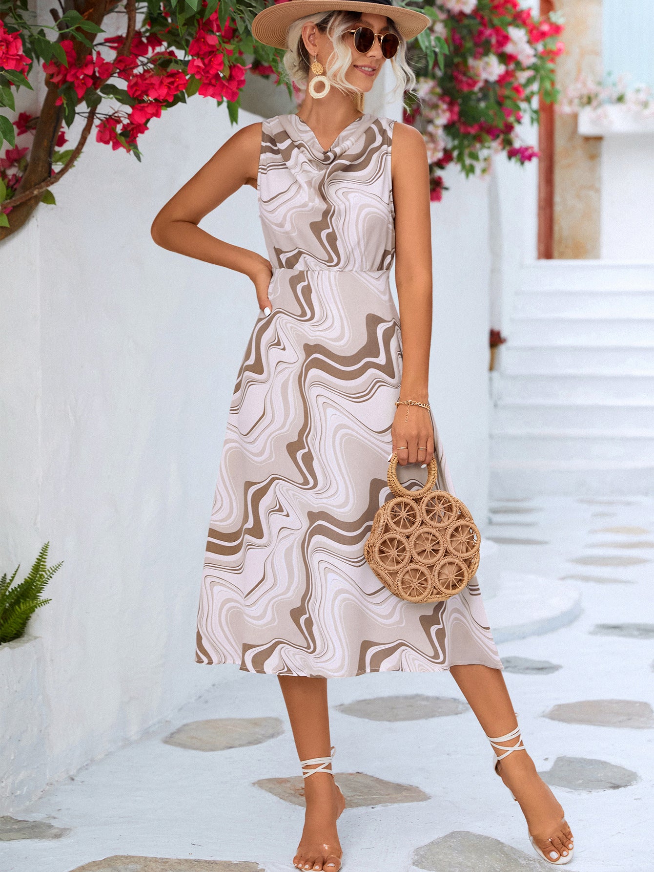 Printed Cowl Neck Sleeveless Dress-Angel Casuals