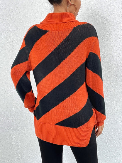 Striped Turtleneck Dropped Shoulder Sweater-Angel Casuals