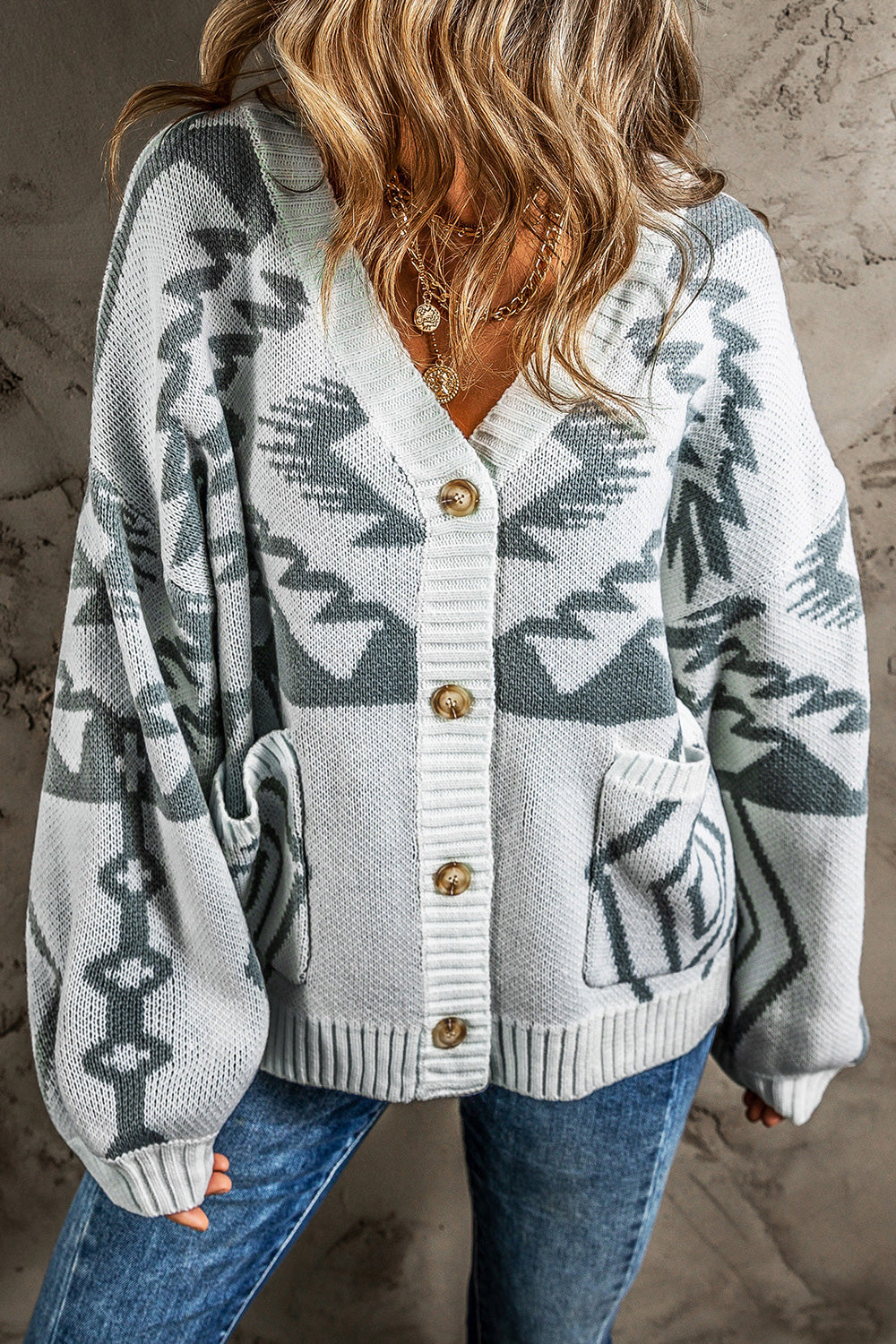 Printed Button Up V-Neck Long Sleeve Cardigan-Angel Casuals