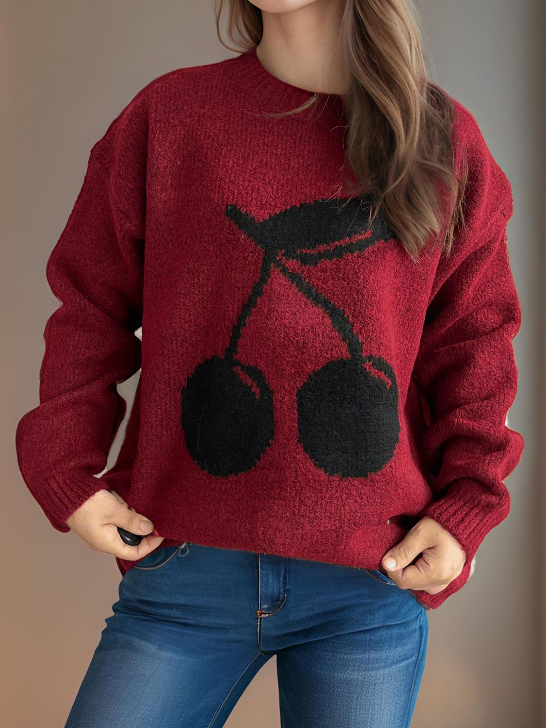 Cherry Round Neck Long Sleeve Sweater-Angel Casuals