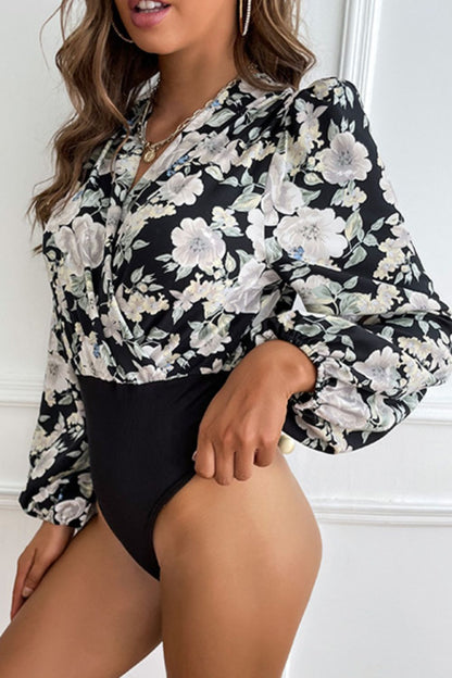 Floral Surplice Neck Puff Sleeve Bodysuit-Angel Casuals