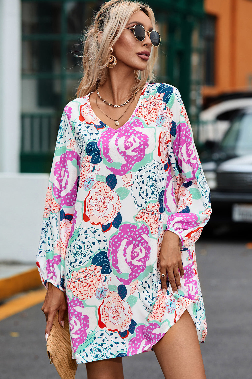 Floral V-Neck Long Sleeve Dress-Angel Casuals