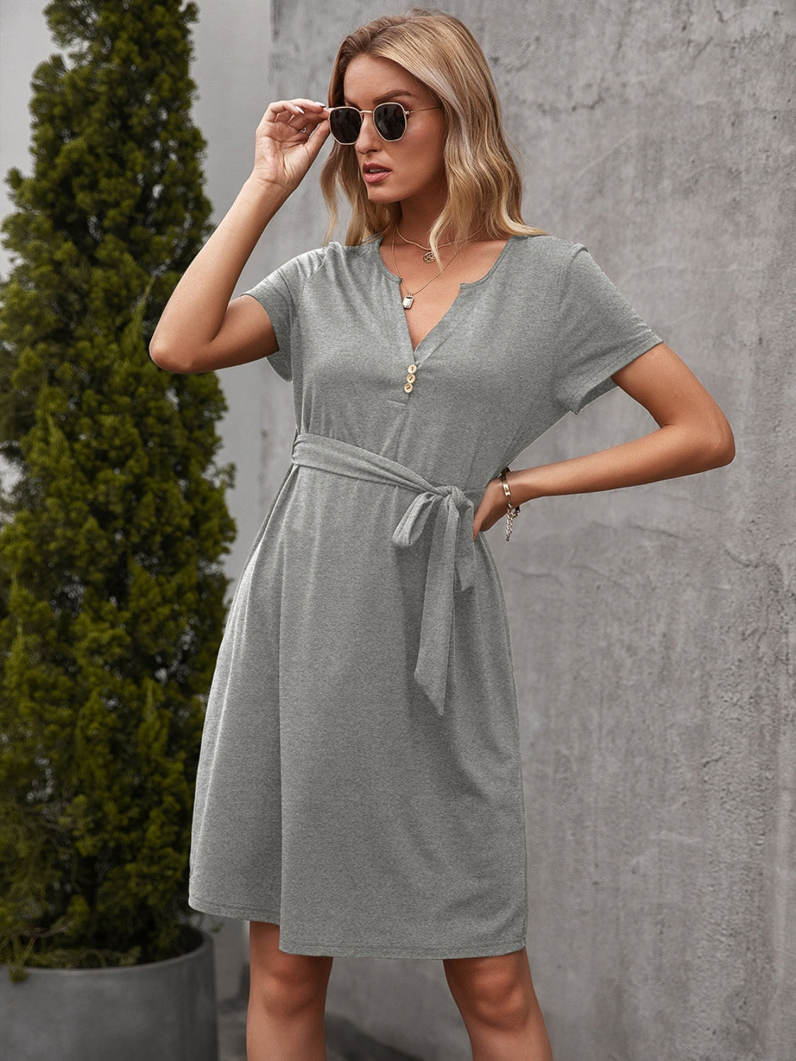 Tied Notched Short Sleeve Dress-Angel Casuals