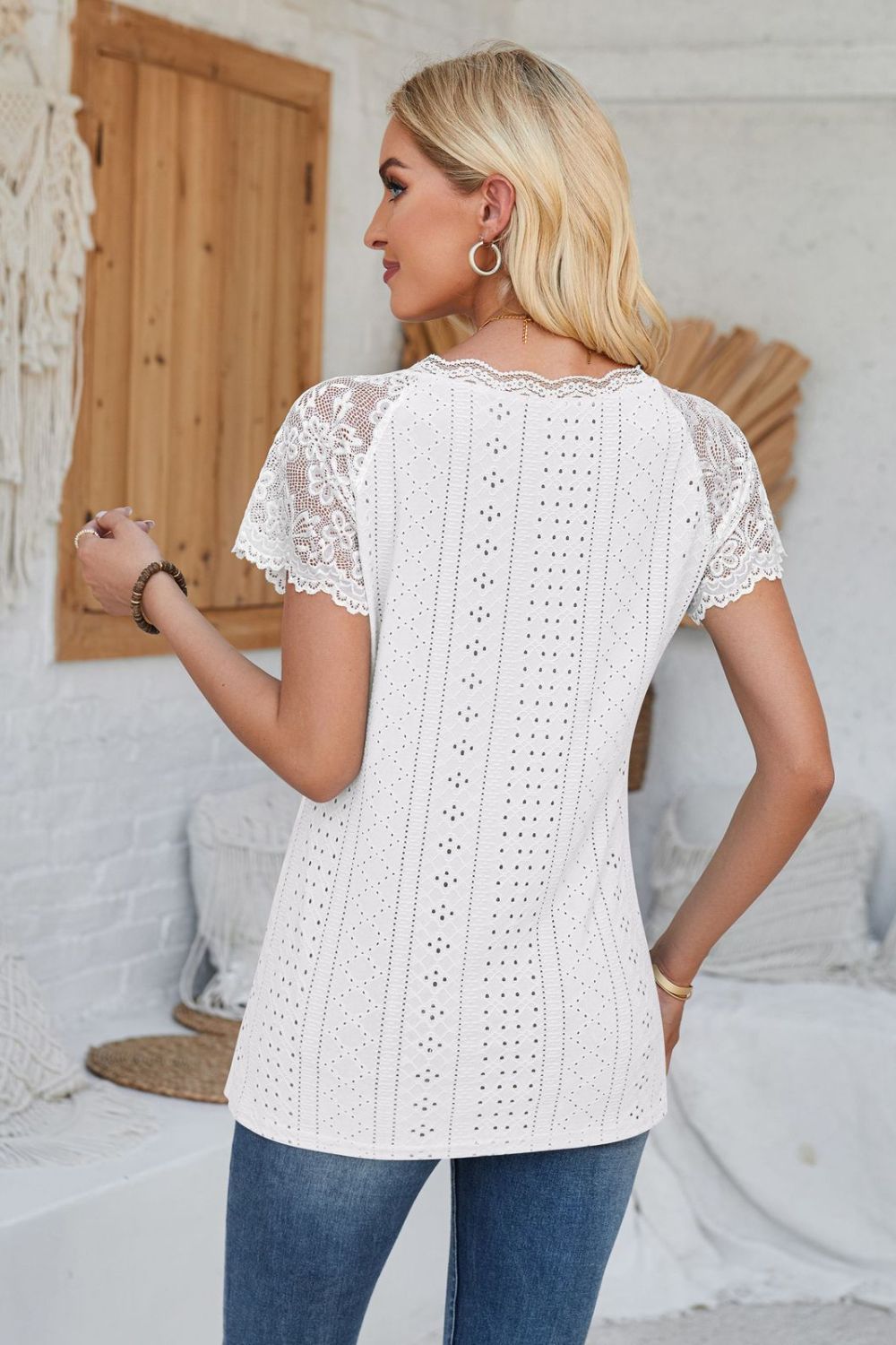 Eyelet V-Neck Lace Short Sleeve T-Shirt-Angel Casuals