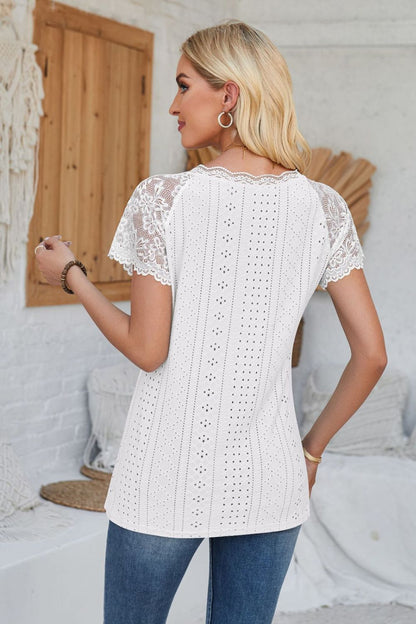 Eyelet V-Neck Lace Short Sleeve T-Shirt-Angel Casuals