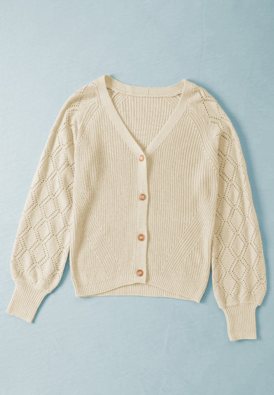 Openwork V-Neck Button Up Cardigan-Angel Casuals