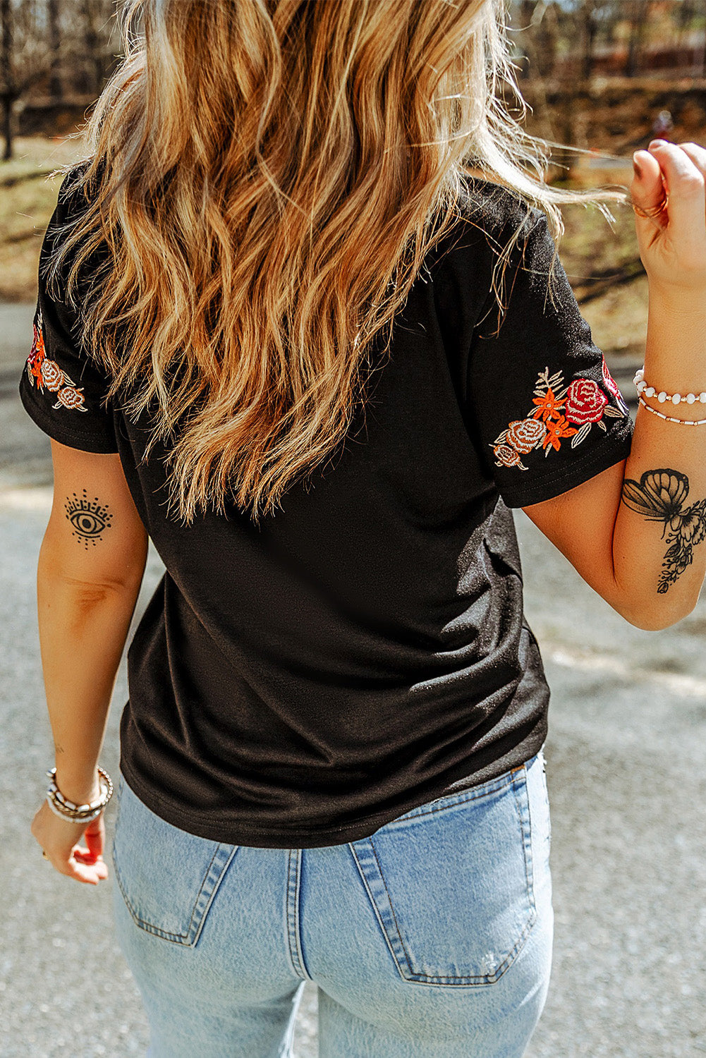 Embroidered Round Neck Tee Shirt-Angel Casuals