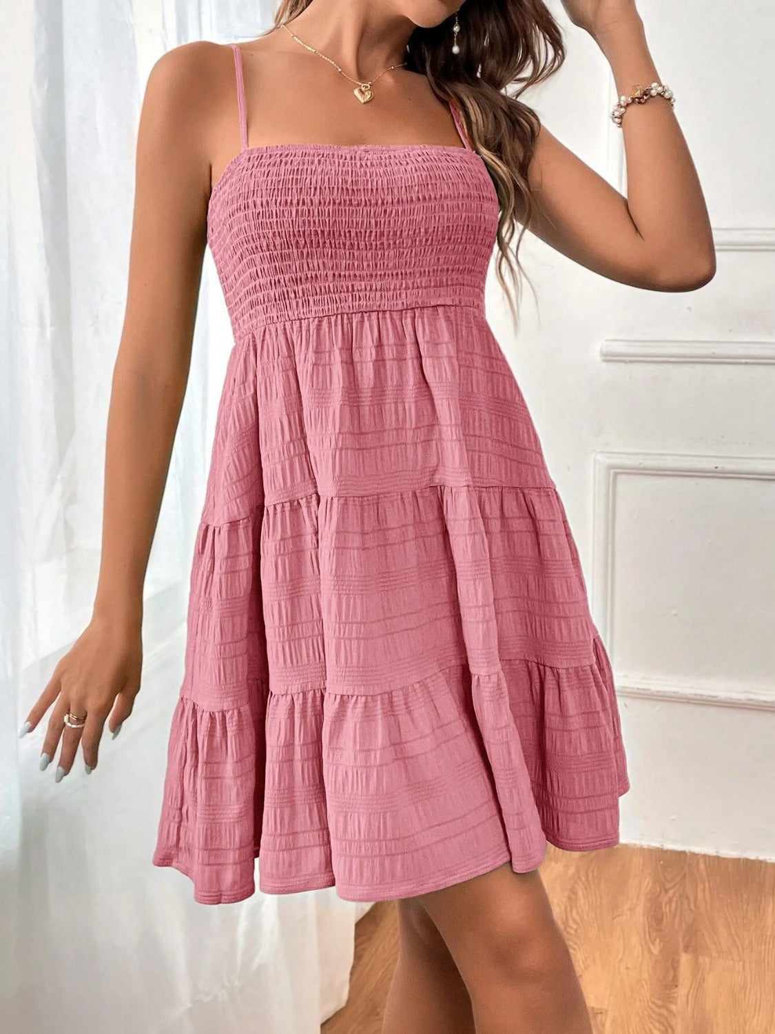 Tiered Smocked Square Neck Cami Dress-Angel Casuals