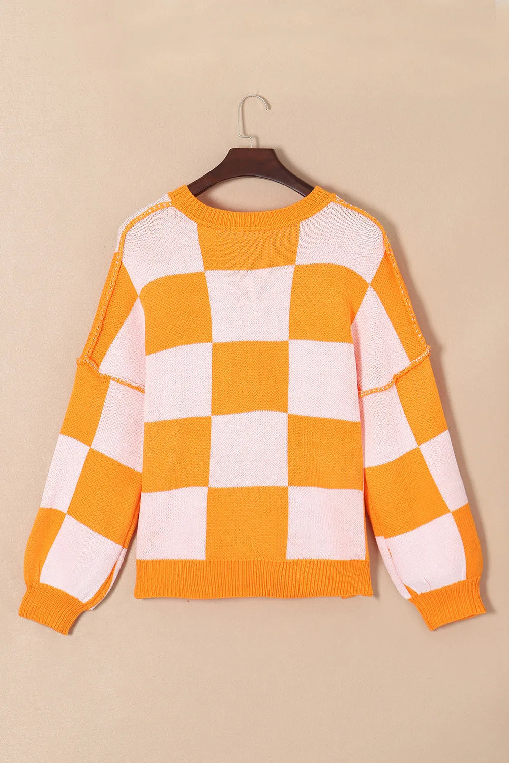 Pumpkin Checkered Round Neck Long Sleeve Sweater-Angel Casuals