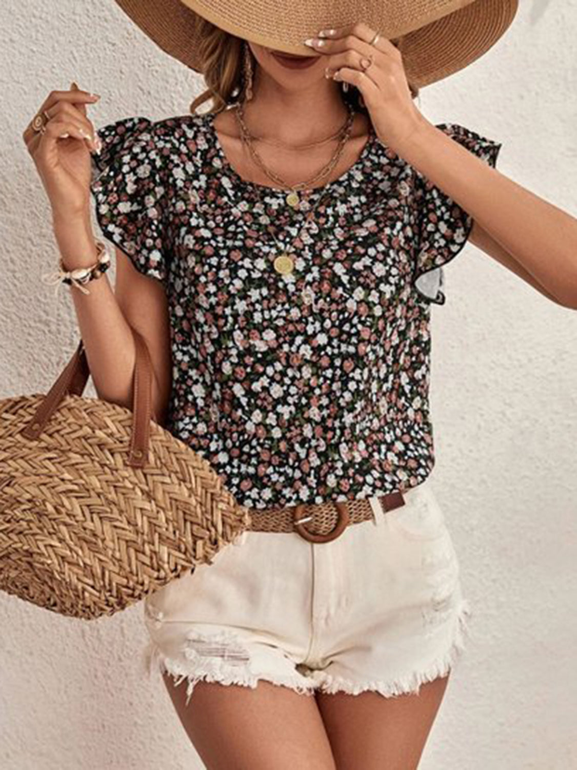 Ditsy Floral Round Neck Cap Sleeve Top-Angel Casuals